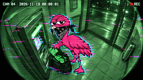 Grainy security camera still of the flamingo filling a duffel bag at the ATM, timestamped November 19, 2026 at 00:00:01.