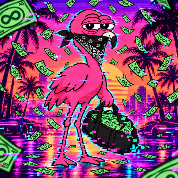 The flamingo in a black paisley bandana holds a duffel bag on a neon street at sunset as cash rains down around it.