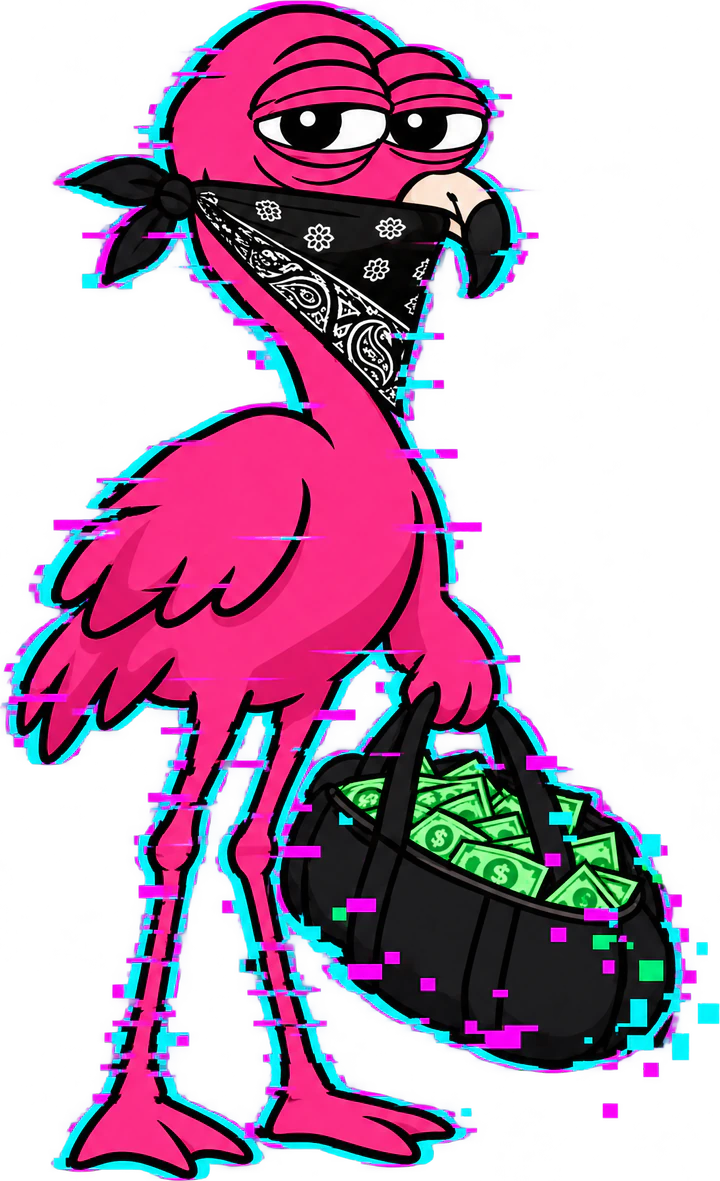 Mingo, a pink flamingo in a black paisley bandana, holding a duffel bag stuffed with cash.