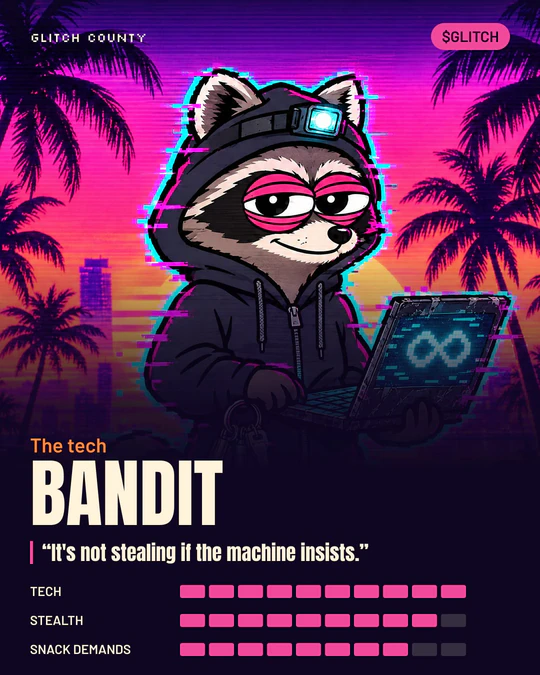 Bandit character card: the tech, Tech 10 of 10, Stealth 9 of 10, Snack demands 8 of 10