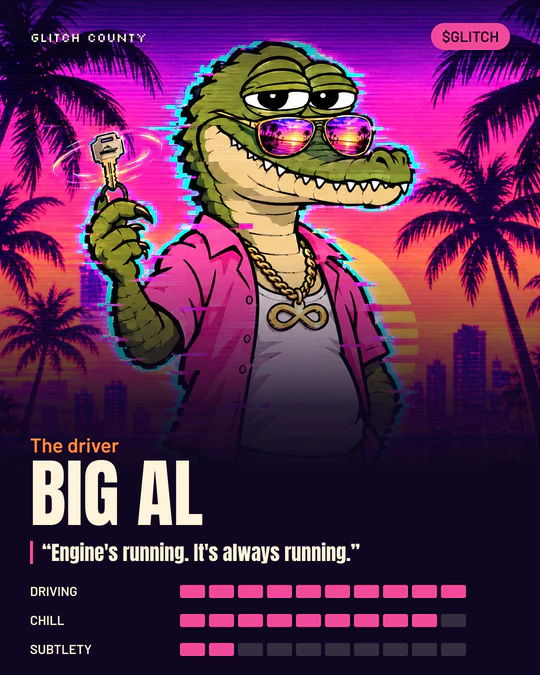 Big Al character card: the driver, Driving 10 of 10, Chill 9 of 10, Subtlety 2 of 10