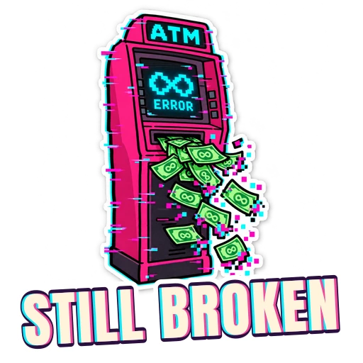 Sticker: the ATM, still broken, spitting out cash.